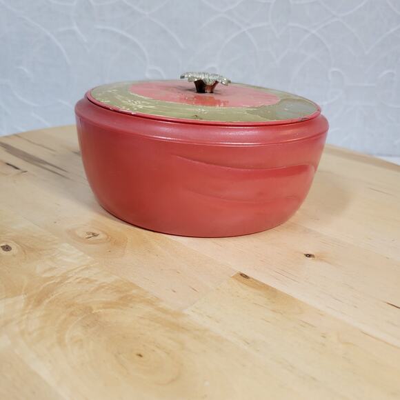 Vintage AVON Persian Wood Beauty Dust Dish 5" Red Gold Floral Lid Puff - Picture 11 of 12